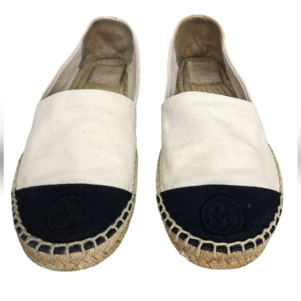 Tory Burch Black and Cream Canvas Espadrilles